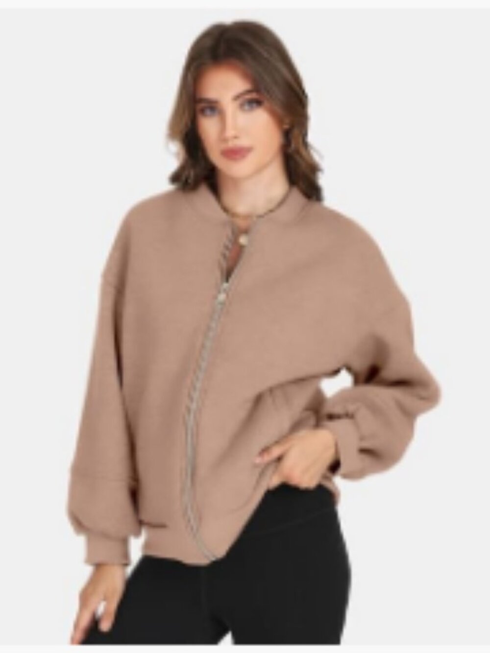 Oversized Zip Up Fleece Bomber Jacket with Lantern Sleeves - Picture 2 of 6